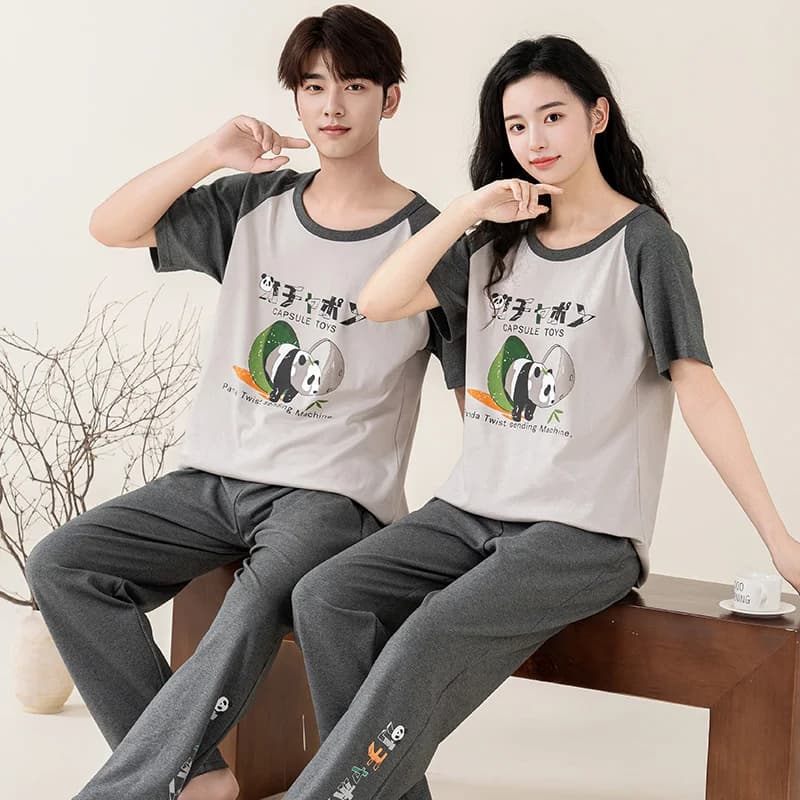 Korean Fashion Cotton Pajamas Set for Lovers Summer Short Sleeves Sleeping Top Long Pant Nightwear Women and Men Matching Pjs