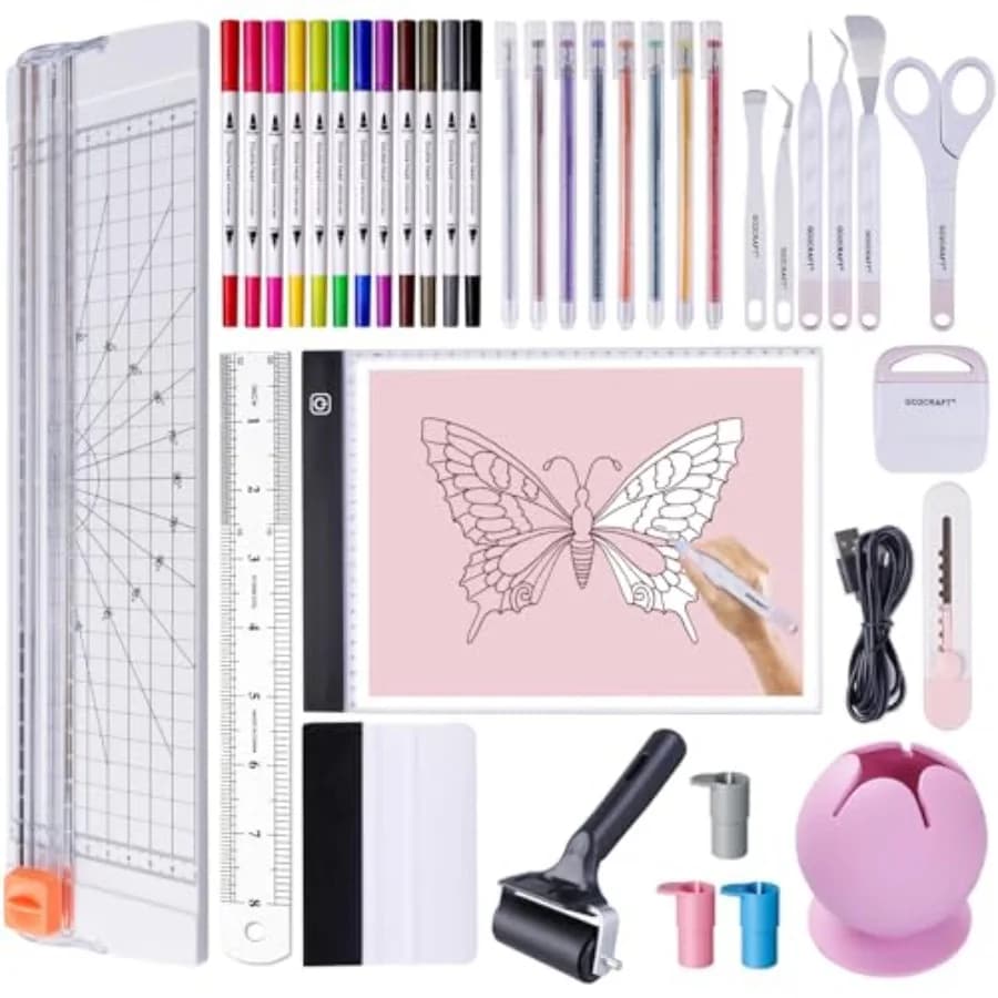 Set di 37 Utensili Essenziali con 7 Strumenti per Rimozione Vinile, per Tavolette Luminose LED da 12'', Taglierina per Carta e Raccoglitore di Scarti in Vinile