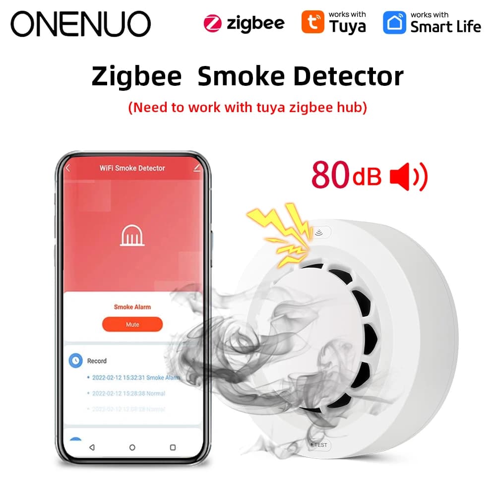 ONENUO Tuya ZigBee Rilevatore di fumo intelligente Protezione di sicurezza Allarme di fumo Protezione antincendio per la sicurezza domestica tramite app Smart Life