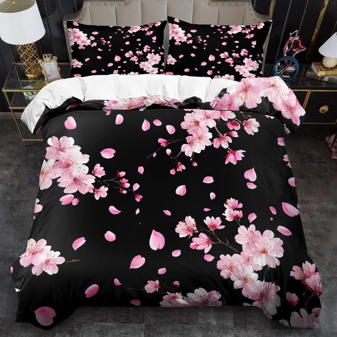 Halloween Black Pink Cherry Blossom Tree Duvet Cover Set Multi Size Quilt Cover Queen Size Bedroom Bedding Decoration Machine Washable Adult Boy Girl Bedroom