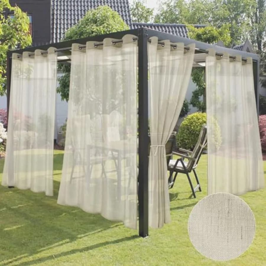4 Panels Outdoor Curtains for Patio-Natural Semi Sheer Waterproof Curtains for Gazebo, Pergola, Balcony, Pool, Backyard-Beige,
