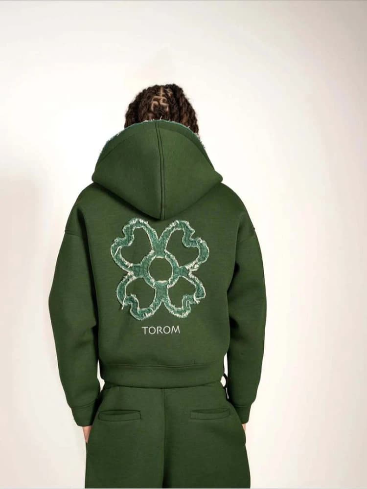 Felpa con cappuccio e pantaloni stile street verde oliva da uomo Set casual sciolto in 2 pezzi con cerniera ricamata Abbigliamento sportivo Moda