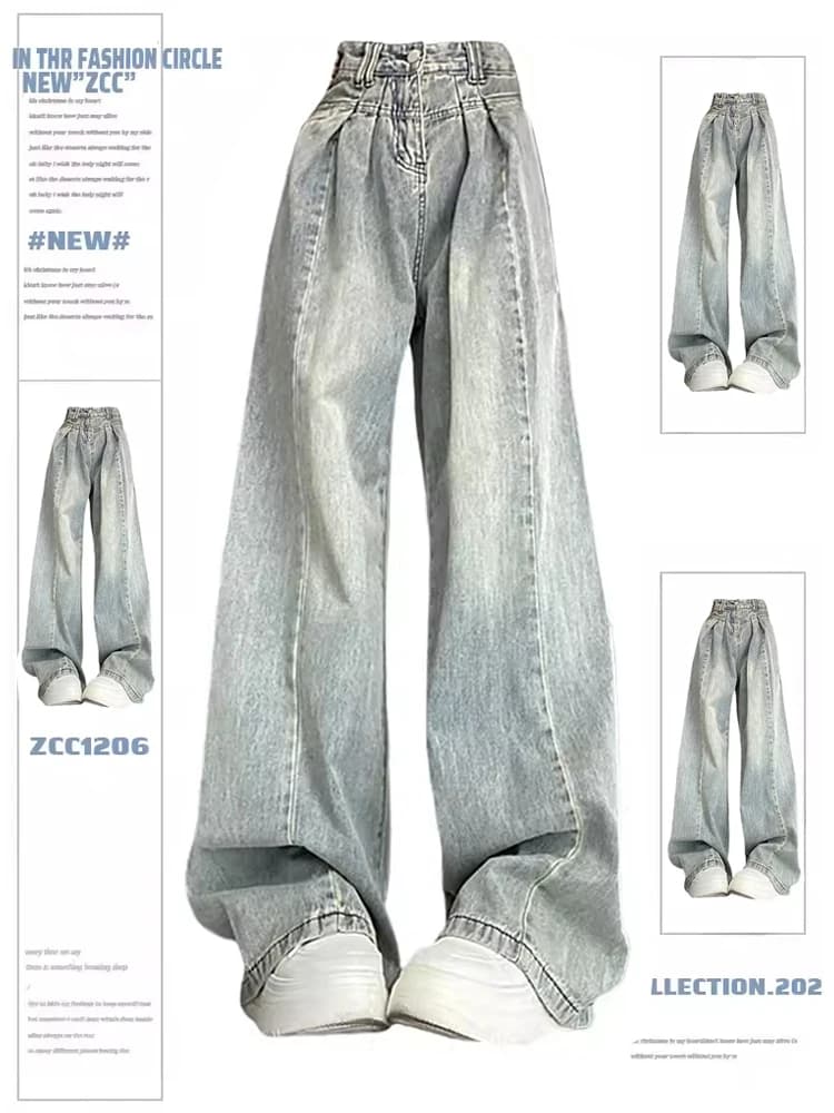 Jeans Blu a Vita Alta e Gamba Larga da Donna, Design Drappeggiato Primaverile ed Estivo, Pantaloni Casual Svasati a Tutta Lunghezza Effetto Snellente