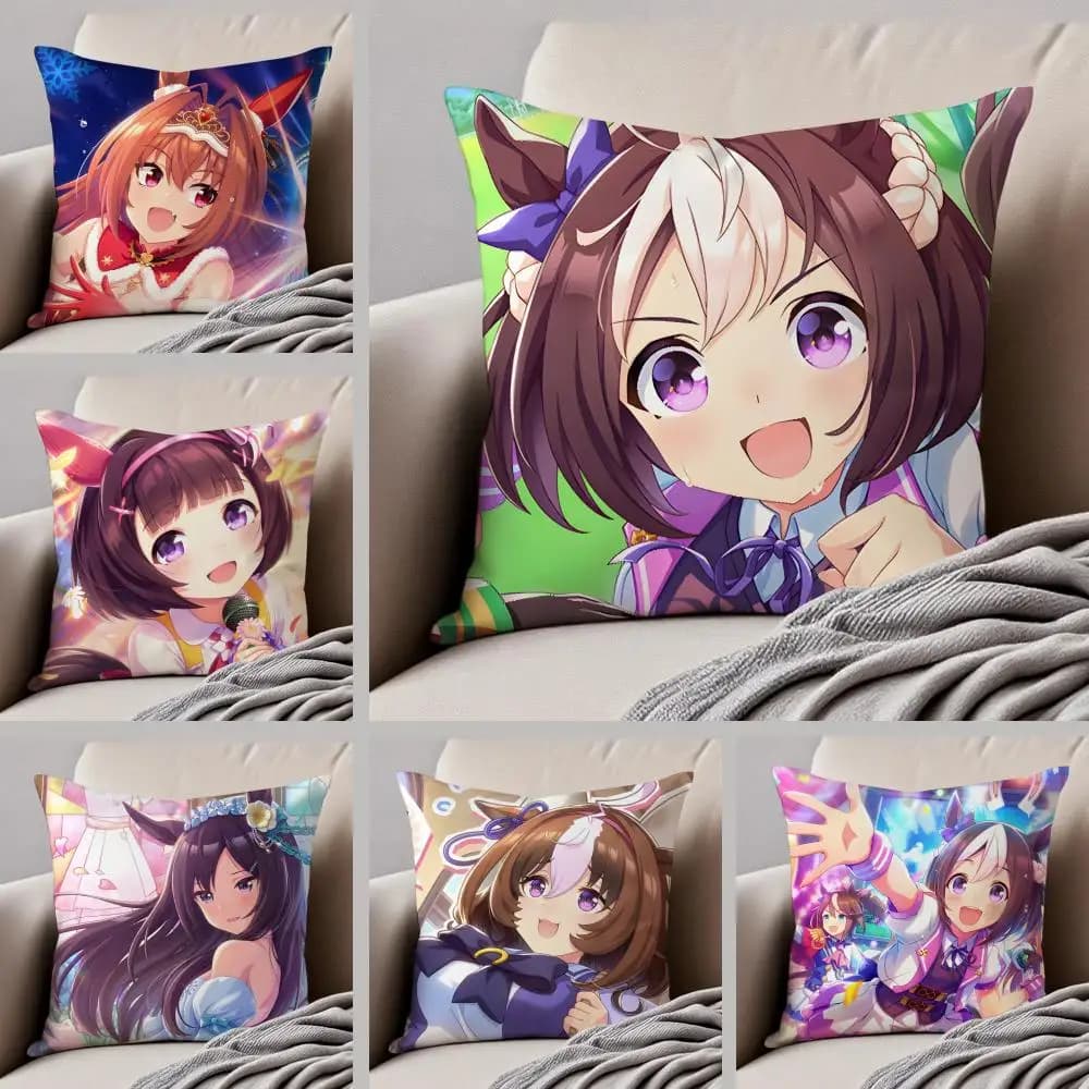 Cheerful Anime U-Umamusume Pretty Derby Fodera per cuscino decorativo con bottone nascosto, cuscino per sedia in poliestere resistente