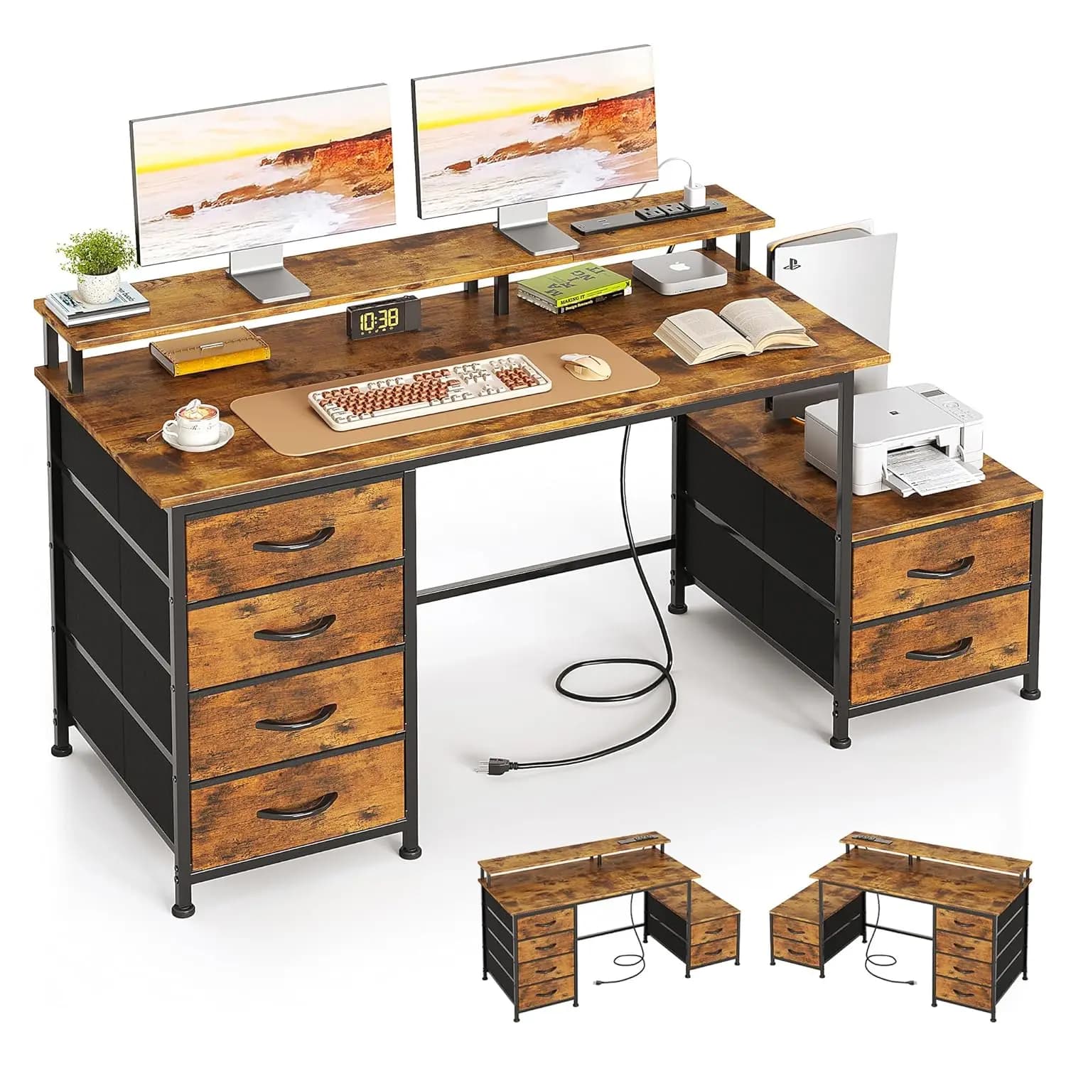 Scrivania da Ufficio da 52 Pollici con 6 Cassetti e Spazio per Stampante, Scrivania per Computer Reversibile con Supporto per Monitor, Personalizzabile
