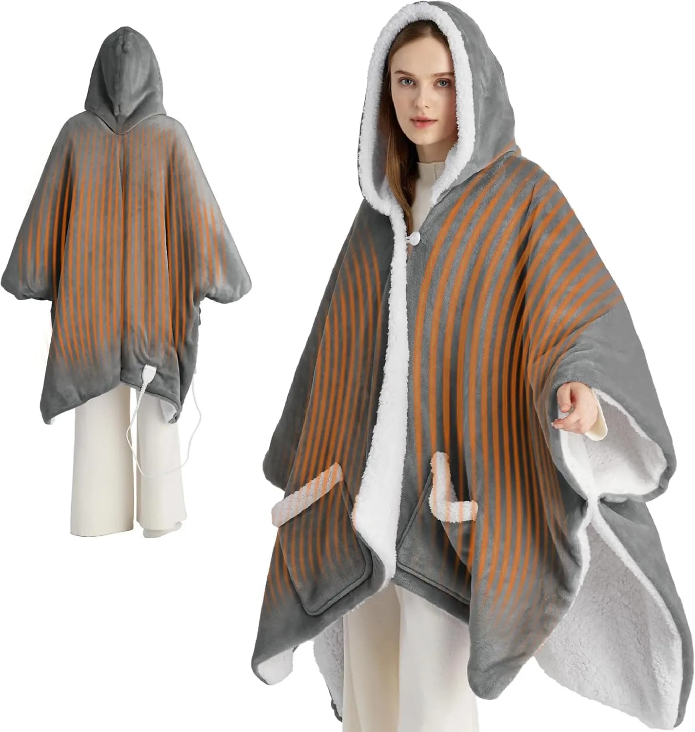 Scialle coperta riscaldato elettrico con 4 timer e 6 livelli di calore, felpa con cappuccio morbida e lavabile per adulti, grigio 55x64 pollici