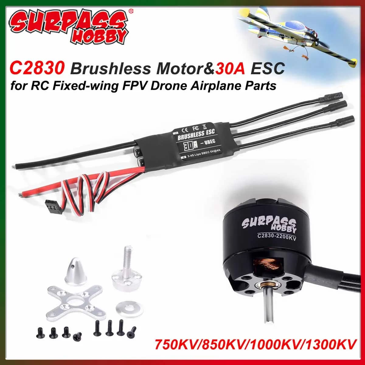 SURPASS HOBBY C2830 Brushless motor with 30A ESC 750KV 850KV 1000KV 1300KV for RC fixed wing FPV Aerial cable