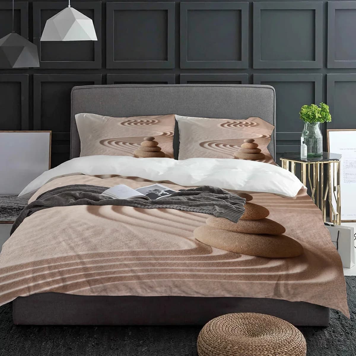 Zen Garden Stones Set biancheria da letto sabbia 3 pezzi Ragazzi Ragazze Copripiumino Federa Bambini Copripiumino per adulti Set letto matrimoniale Tessili per la casa