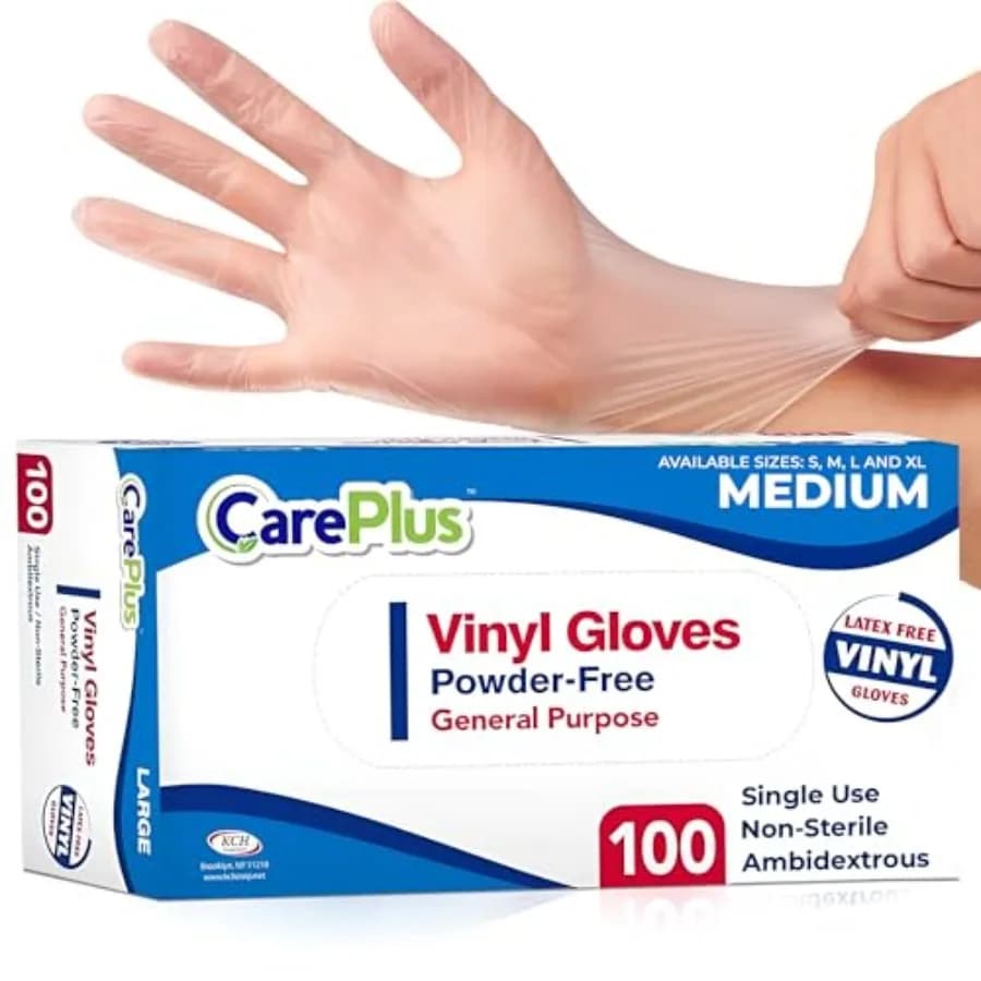 Guanti in Vinile Senza Lattice, Trasparenti, Taglia Media, Confezione da 100, Resistenti, Non Sterili, Senza Polvere, per Preparazione Alimenti, Cucina e Pulizie