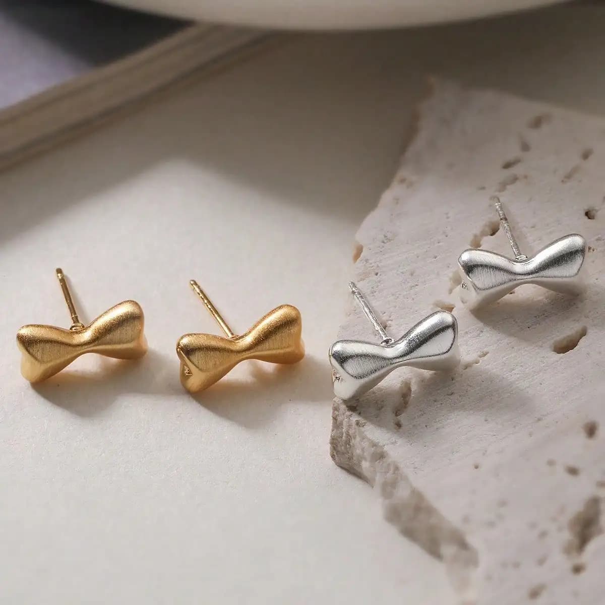 Golden & Silvery Brushed Bow Stud Earrings, 2 Styles Matte Textured Minimalist Ribbon Earrings for Women