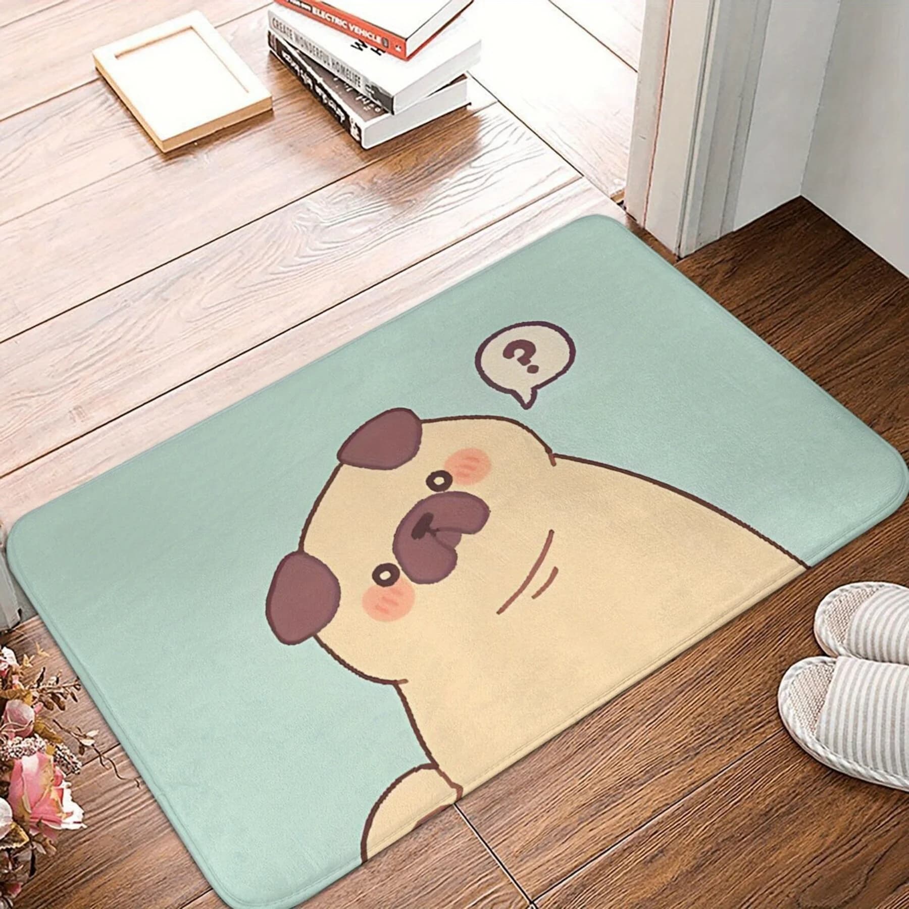 Tappeto color verde acqua chiaro con illustrazione di un cagnolino cartoonesco e bolle con segno di interrogazione, tappeto morbido in poliestere per l'arredamento interno della casa