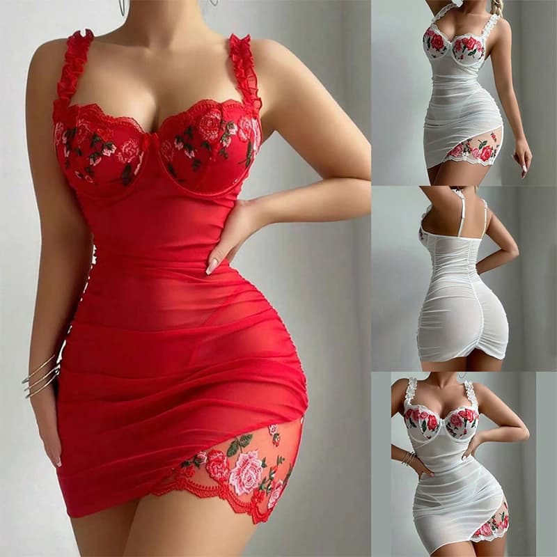 Flower Embroidered Perspective Pajamas Set Elegant Nightdress Sexy Temptation Sleepwear Top Women Sexy Tank Top Sexy Lingerie