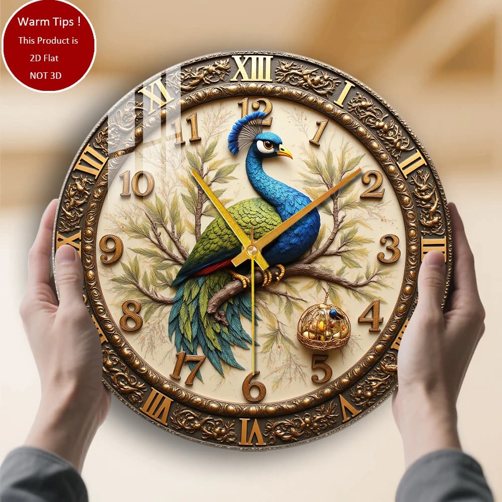 Tempered glass wall clock with accurate peacock on the branch with bird cage, suitable for wall decorations or table displays everywhere