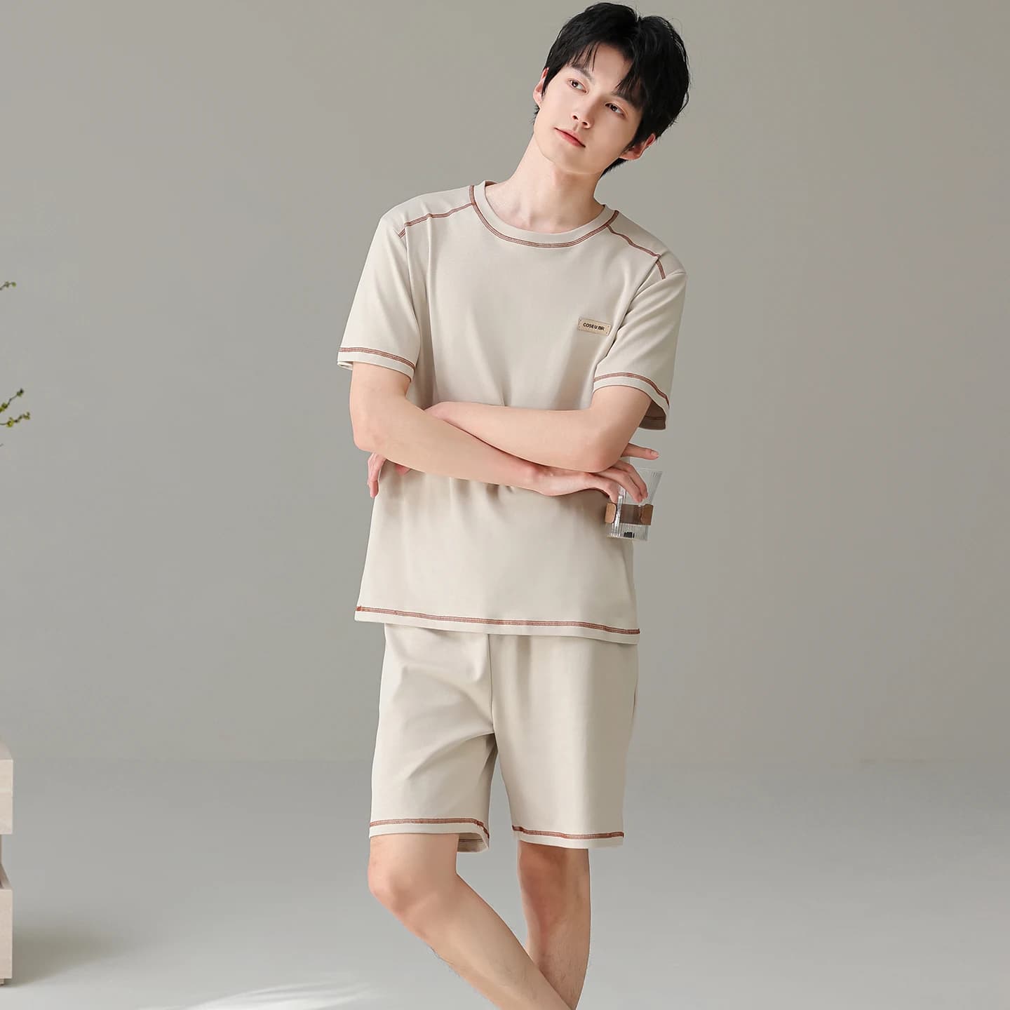 Men Solid Pajamas Set Summer 95% Cotton Pyjamas Male Home Clothes Short-sleeve Tops + Short Pants 2 Pcs/set Sleepwear For Mens