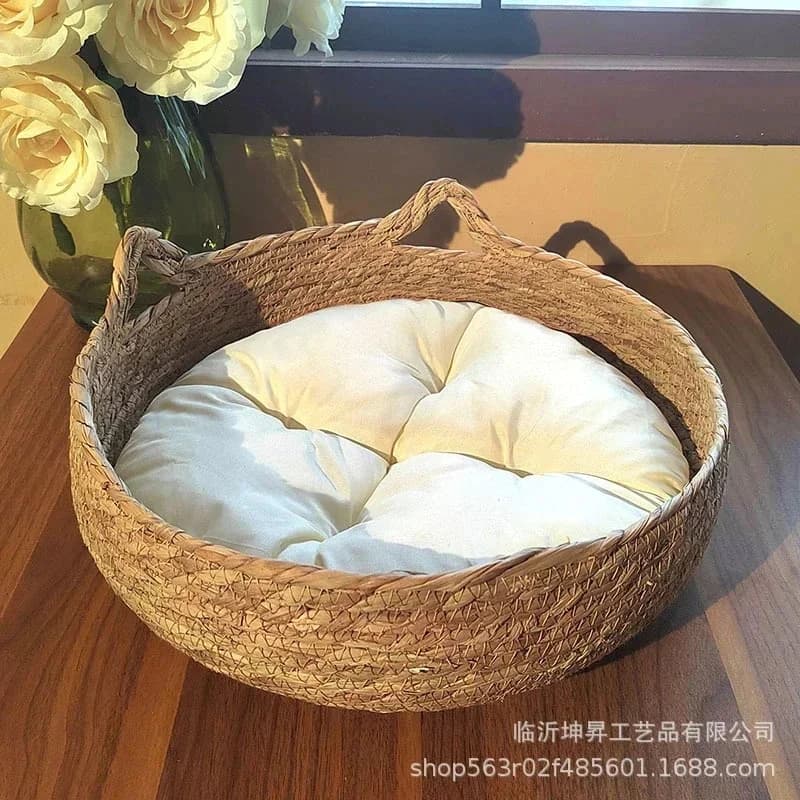 Cuccia per gatti in rattan intrecciato con morbido cuscino, design a ciambella rotonda, cuccia calda e confortevole per gatti e cani