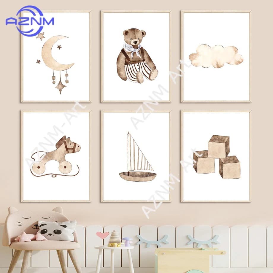 Arte Murale Boho per Cameretta - Poster e Stampe su Tela con Orsetto Giocattolo, Blocchi da Costruzione, Treno e Nuvole | Decorazioni per la cameretta dei bambini