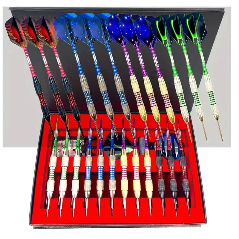 Nuovo set di 12 freccette professionali in metallo con asta antiscivolo in alluminio, punta in acciaio, affilatore per asta antiscivolo e confezione regalo