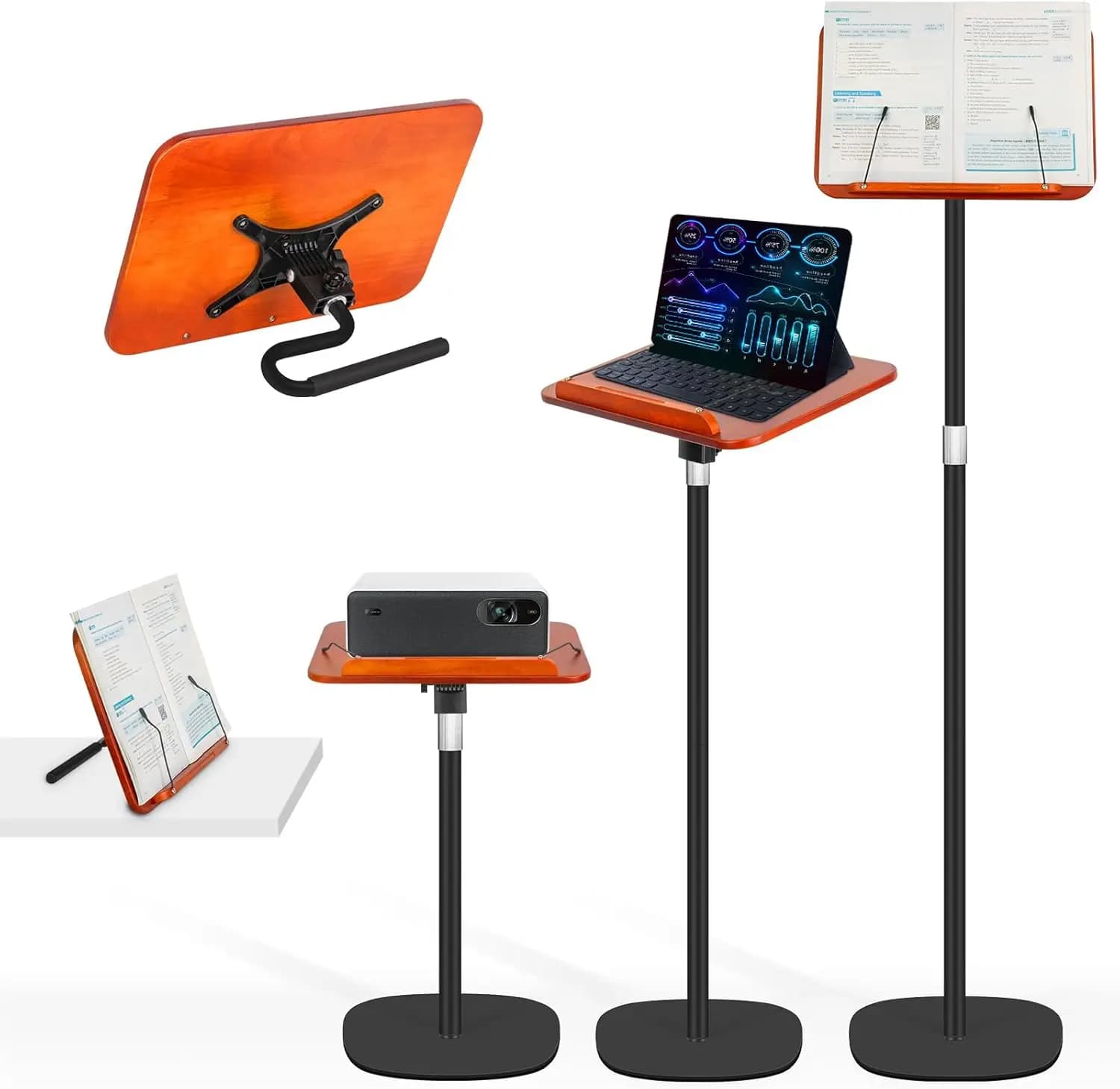 Supporto da terra 2-in-1 per libri, regolabile da 19 a 51 pollici, robusto, pieghevole, con clip per pagine, per lettura, laptop, libri di cucina, nero