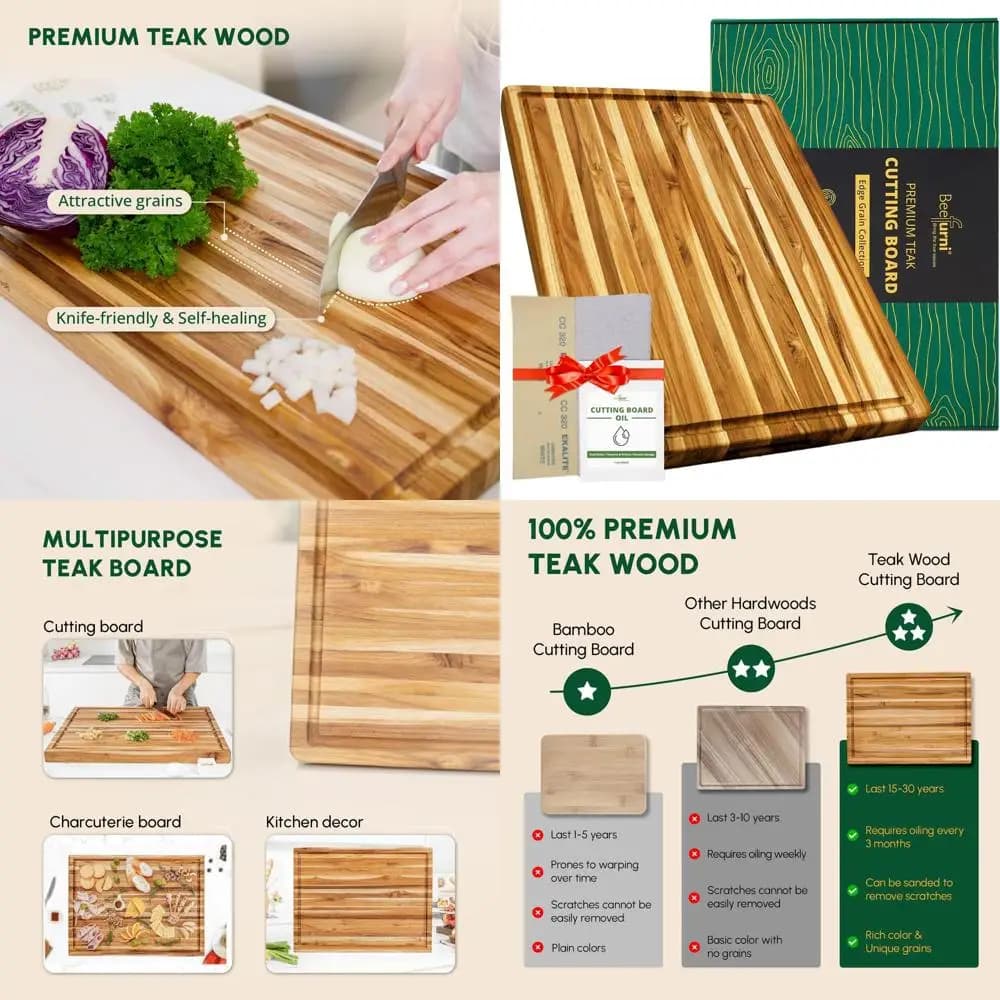 Tagliere Extra Large in Legno di Teak con Scanalatura per Succhi e Impugnatura, Ideale per Cucina, Servizio e Salumi, Regalo Perfetto