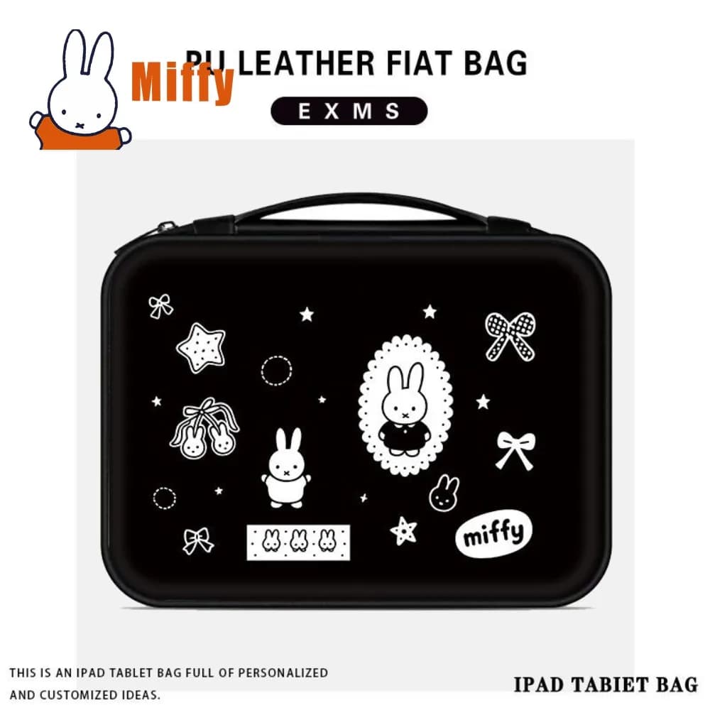 Custodia Portatile per iPad in Pelle PU con Motivo Kawaii Miffy, Borsa Organizer Nera con Cartoni Animati, Idea Regalo per Ragazze