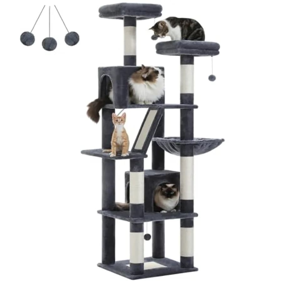 Torre per Gatti Alta 70 Pollici con 2 Cucce Accoglienti, 2 Posti Relax in Peluche, Grande Cesto, 2 Tiragraffi e 6 Pali Tiragraffi per Gatti da Interno