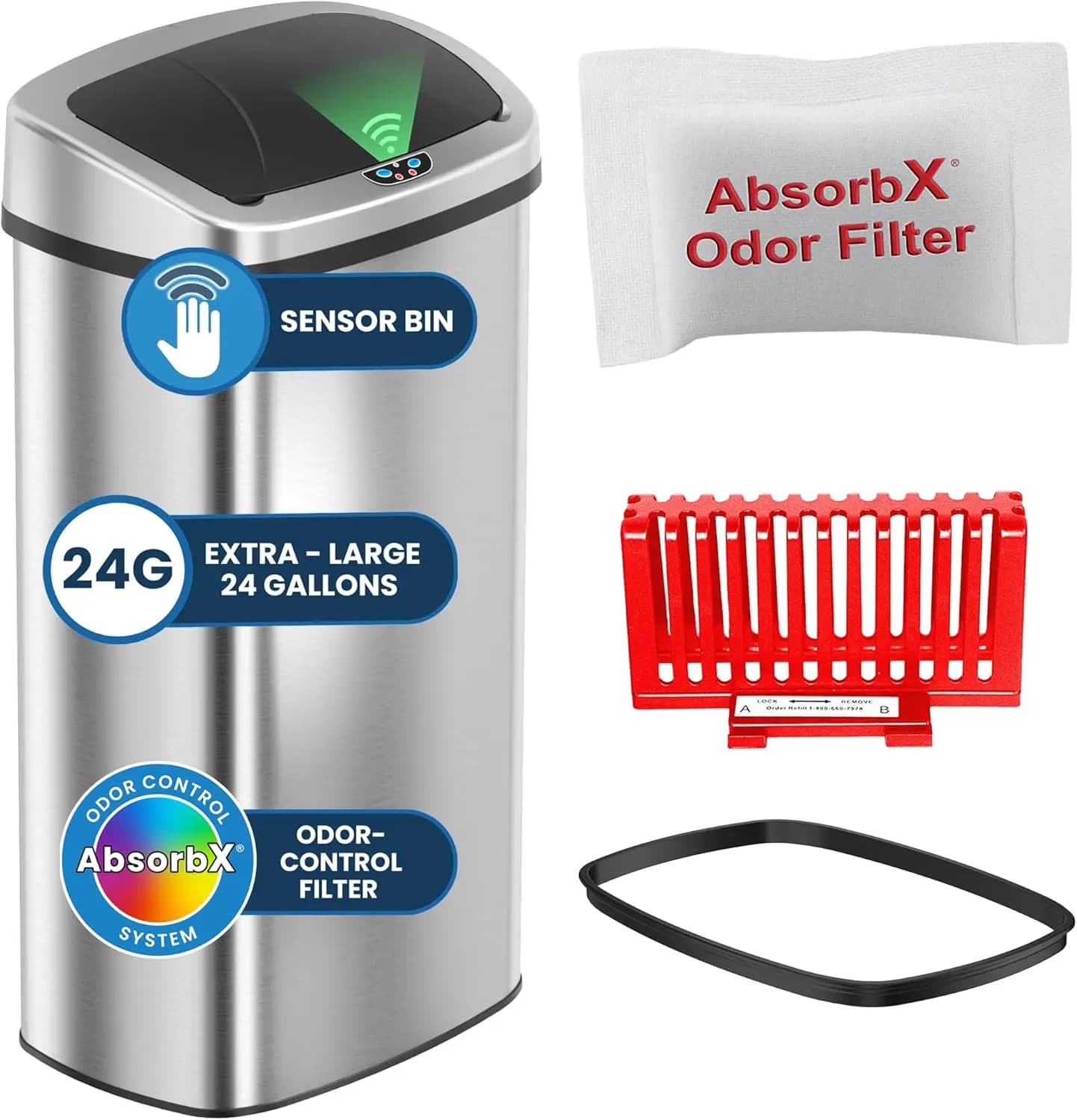 Cestino per Rifiuti da Cucina con Sensore da 24 Galloni, Bidone Automatico in Acciaio Inox Senza Contatto con Filtro Anti-Odore per Casa, Ufficio, Ristorante