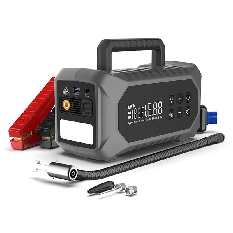 6 in 1 Avviatore di emergenza per auto Booster Power Bank Kit 12V Batteria al litio Avviatore di emergenza per auto con gonfiatore di pneumatici e compressore d'aria