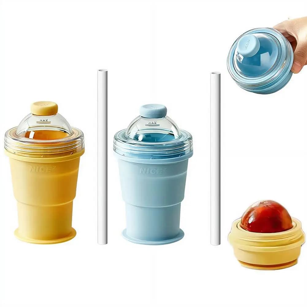 Stampo per Sfere di Ghiaccio Portatile, Stampo in Silicone Pieghevole per Sfere di Ghiaccio con Coperchio e Cannuccia per Casa e Viaggio