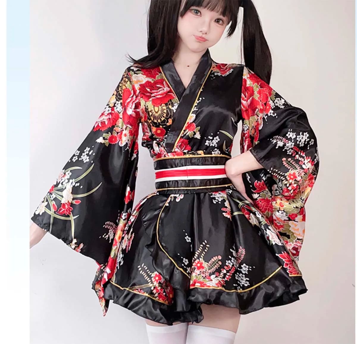 Halloween Japanese Floral Printed Bathrobe Kimono Dress For Women