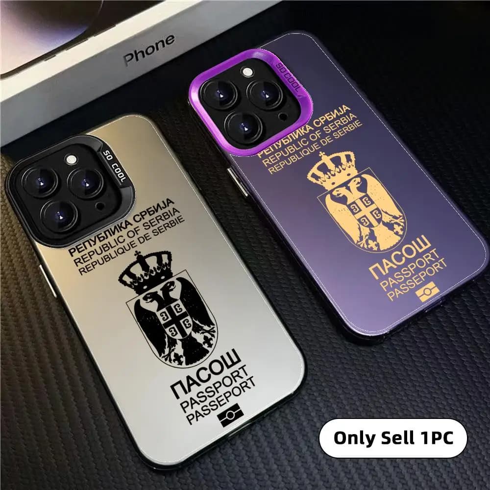Cool Serbia Passport Phone Case For iPhone 17 16 15 14 13 12 11 Pro Max Case Aurora Matte Laser Shockproof Bumper Fundas