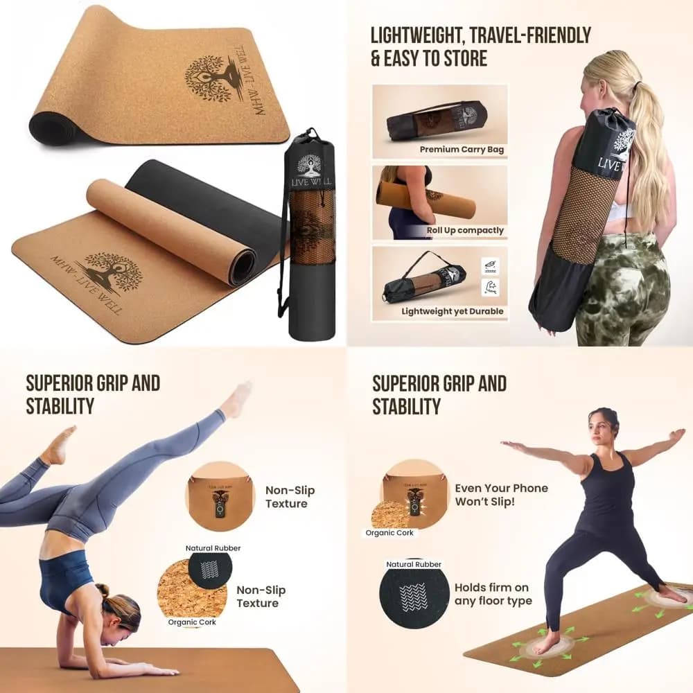 Tappetini yoga antiscivolo ecologici in sughero e TPE per allenamenti a casa: extra larghi, lunghi, pieghevoli, inodore, spessi, vivi bene
