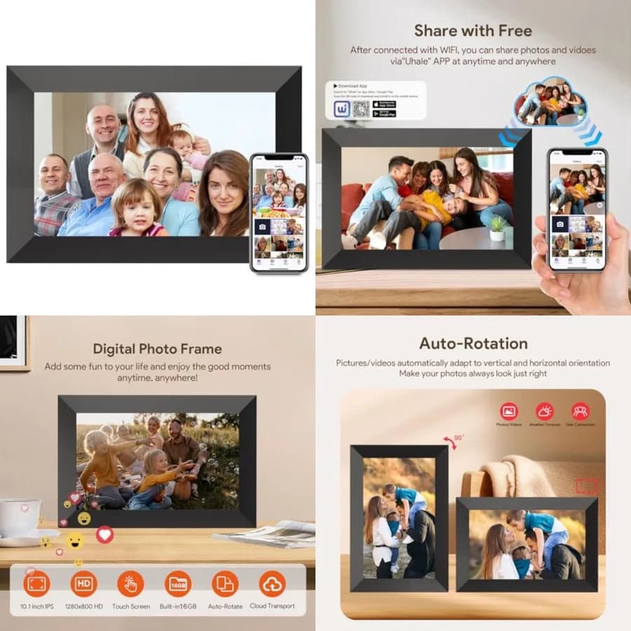 Cornice Digitale Uhale, Schermo Touch ad Alta Definizione da 10,1 Pollici, Memoria da 16GB, Cornice Fotografica Digitale con Rotazione Automatica