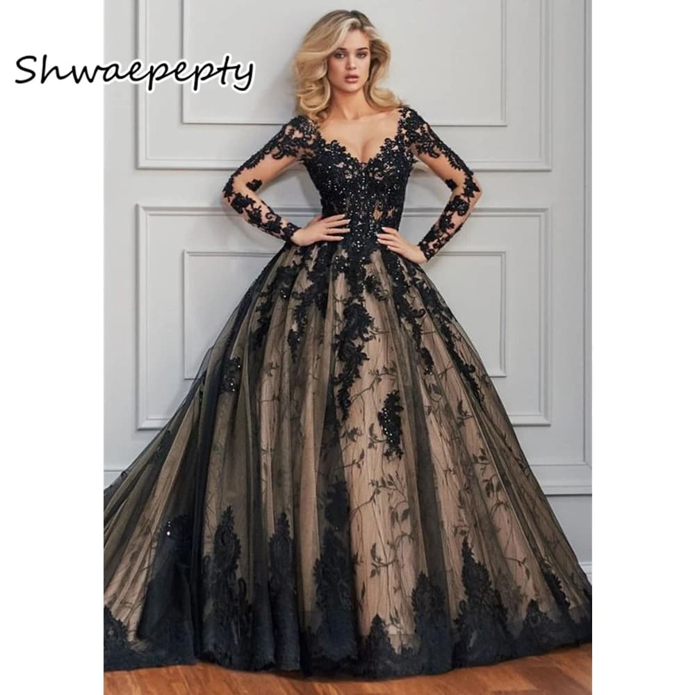 Abito da sposa nero a maniche lunghe con applicazioni in pizzo con scollo a V A Line Abito da donna gotico con tulle con perline Vestido vintage personalizzato