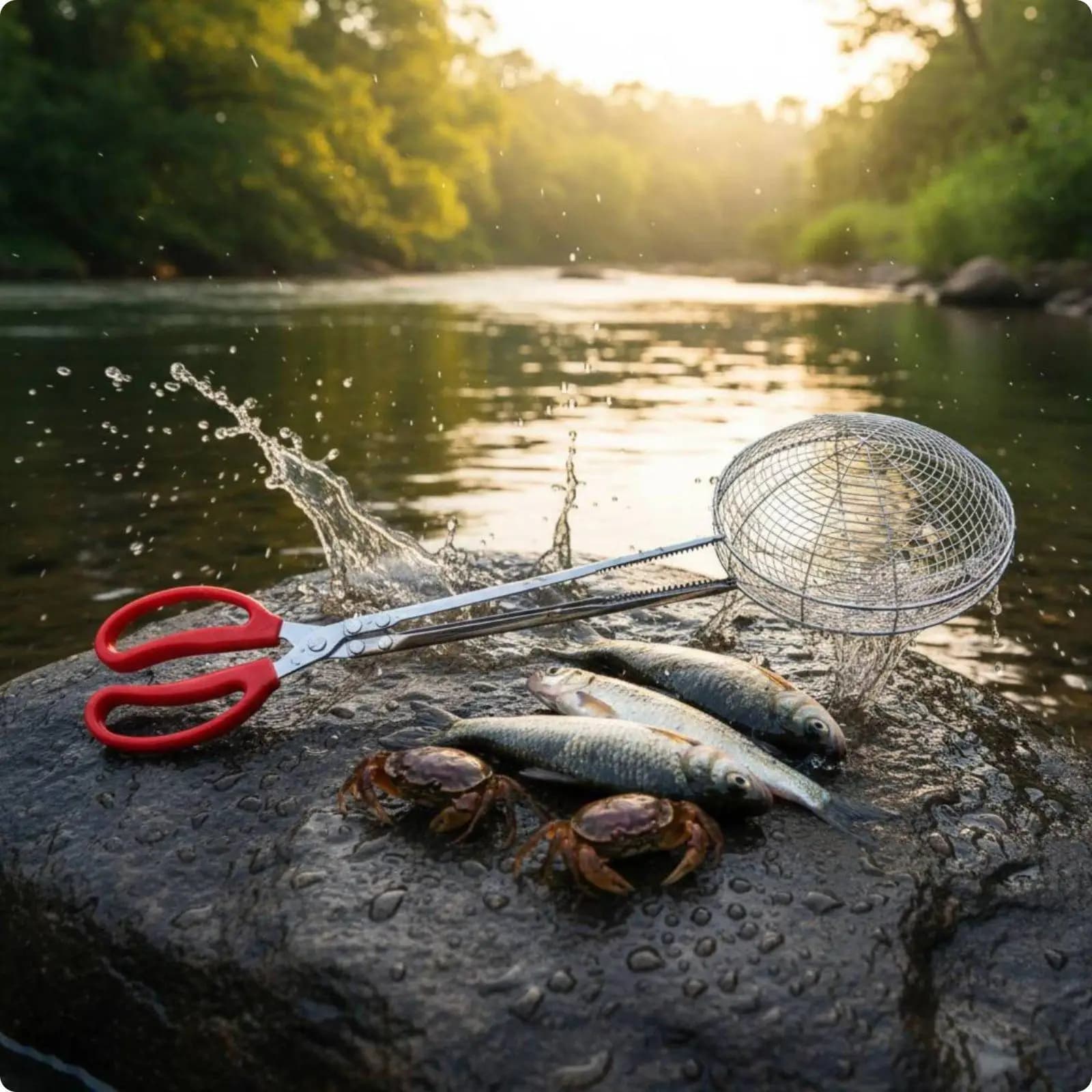 Stainless Steel Fishing Net Tongs Portable Crustacean Catching Mesh Basket Mesh Design fishing Grabbing Clamp for River