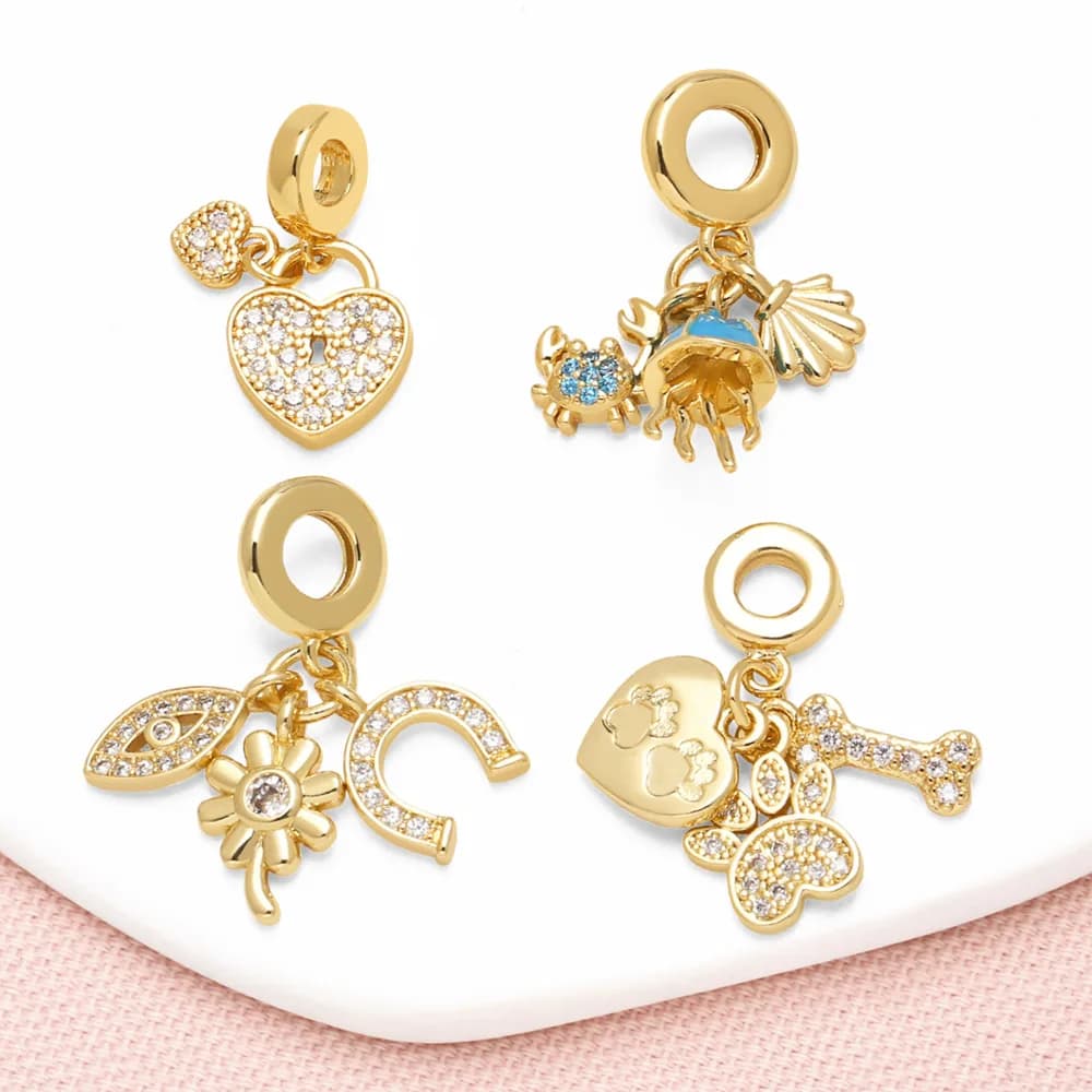 OCESRIO White Crystal Heart Evil Eye Paw Pendant for Necklace Copper Gold Plated Flower Bone Jewelry Making Component pdta832