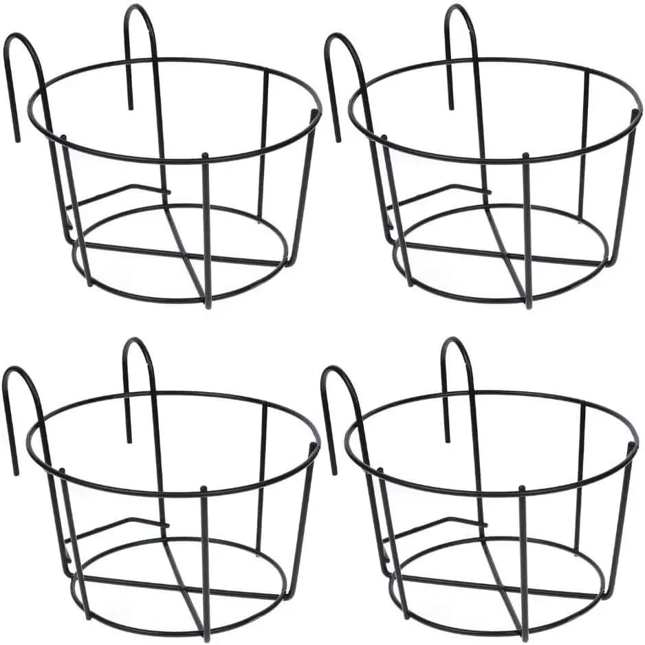 Set of 4 Hanging Planters for Railings, Iron Plant Supports, Metal Plant Door for Fences - Steel Vases for Balcony and Garden