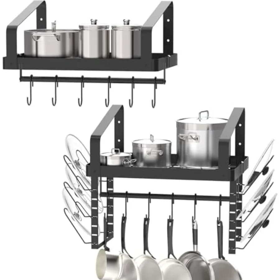 Set di 2 Portapentole da Parete, con Portasciugamani e Organizzatore per Pentole e Coperchi, Mensole Sospese per Utensili da Cucina con 12 Ganci, B