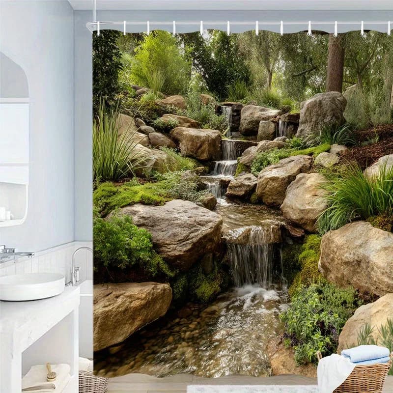 1pc Serene Waterfall Shower Curtain - Multi-Tiered Cascade Over Moss-Covered Rocks & Lush Green Forest Landscape, Durable Polyes