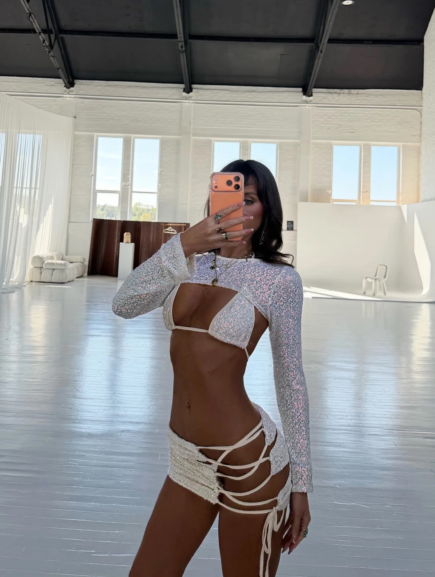 Costume da Bagno Lusso Donna con Paillettes a Triangolo e Gonna, Bikini alla Moda con Fascia, Sexy Outfit da Mare