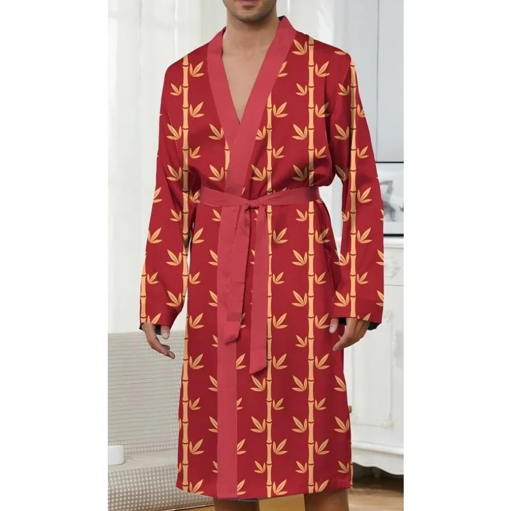 Men's Vintage Bathrobe with 3D Printed Red Bamboo Pattern The comfort of the long night shirt features men's night shirt for all seasons with fast drying