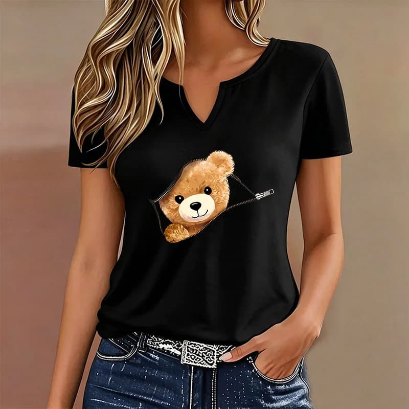 T-shirt Comoda con Scollo a V, Stile Casual Y2k, Maglietta da Donna con Stampa Orso, Manica Corta, Scollo a V, per Estate e Primavera