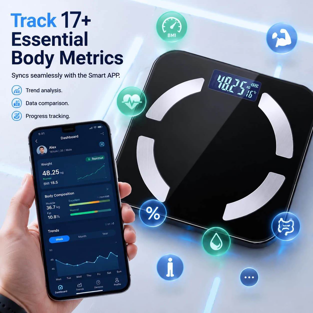 Smart Bluetooth Body Fat Scale Digital Weight Scale With App Tempered Glass Platform And Full Body Composition Analysis