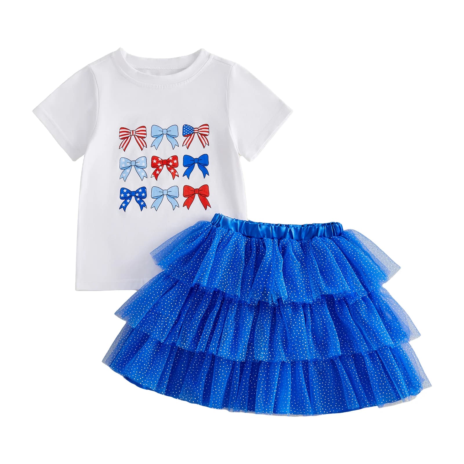 Completo Patriottico per Bambina, Alla Moda per il 4 Luglio, Top a Maniche Corte con Fiocco Stampato e Gonna in Tulle con Strass, Set 2 Pezzi