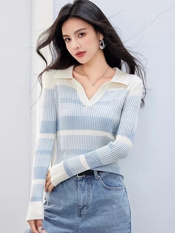 Slimming Gradient Stripe Long Sleeve Knitwear Top for Women Autumn Winter Spring New Style Versatile Slim Fit Striped T-Shirt