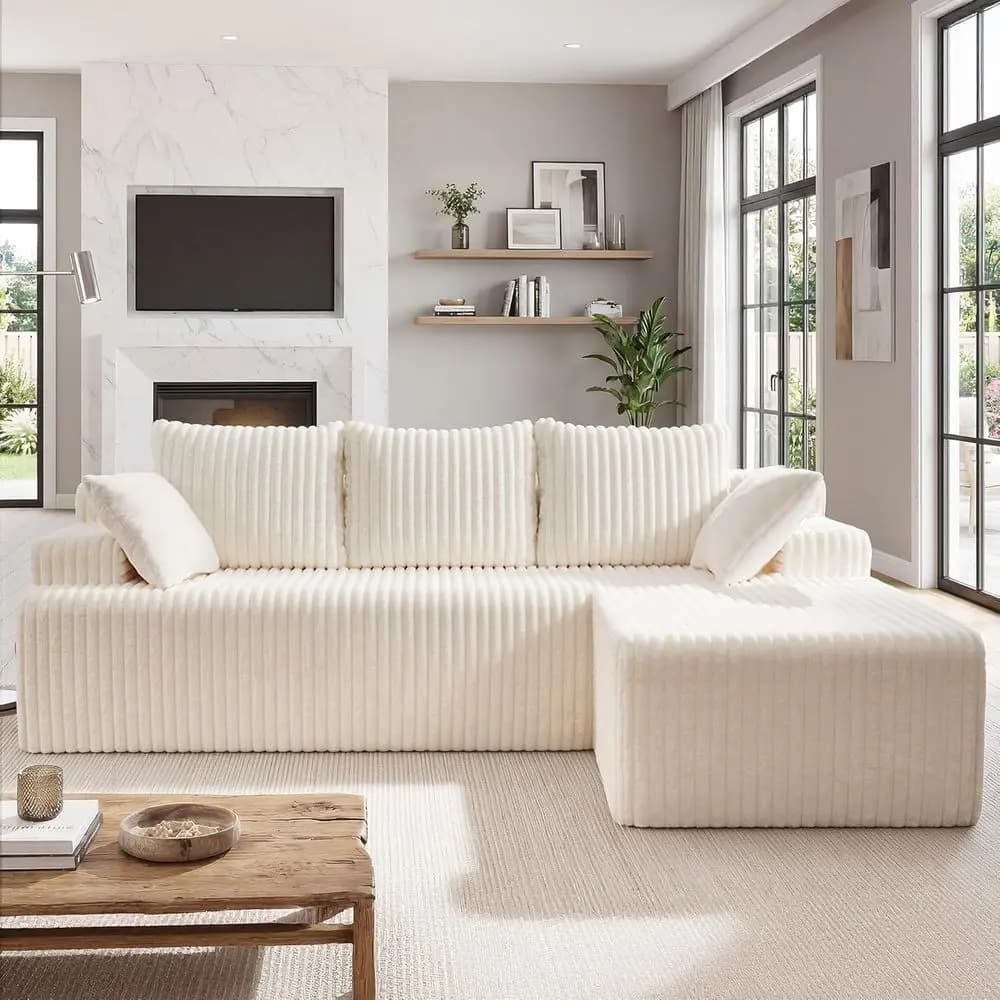 Divano a L con memory foam, 3 posti convertibile, per soggiorno, chaise longue oversize, rivestimento bianco lavabile, 98, RH F