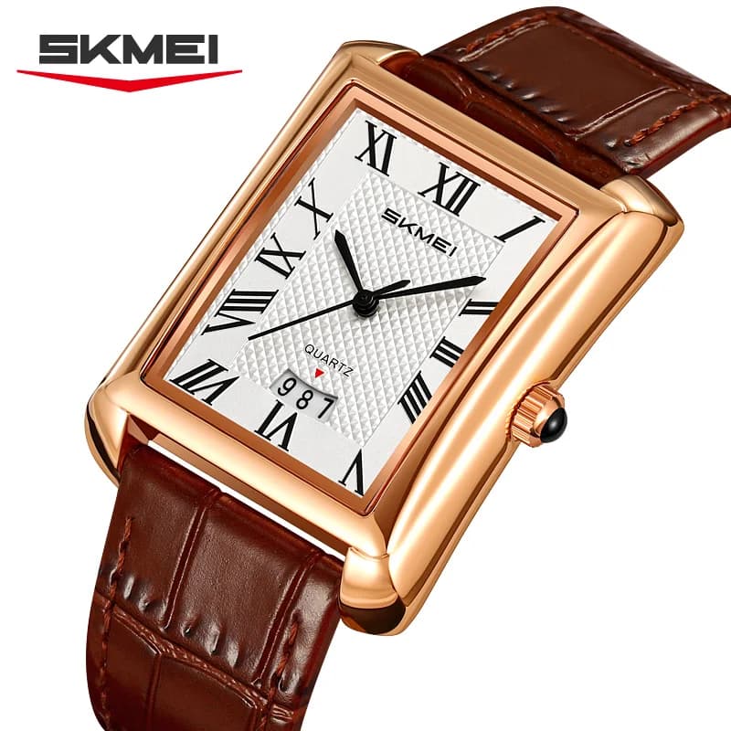 SKMEI 2575 Orologio al Quarzo Classico da Uomo, Quadrante Quadrato con Calendario, Cinturino in Pelle, Elegante Orologio da Polso alla Moda per Uomo