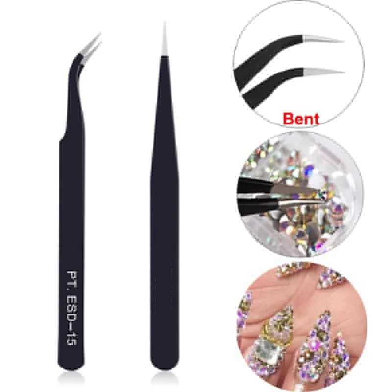 1 pz In Acciaio Inox Curvo Dritto Pinzette Nere Unghie Artistiche Strass Gemme Pinza Strumenti di Raccolta Paillettes Perline Unghie Artistiche Strumenti *