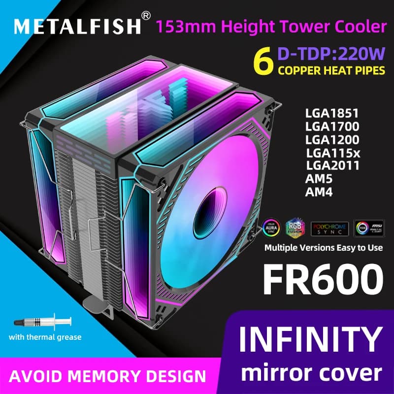 Metalfish FR600 CPU Air Cooler 6 Heat Pipe ARGB PWM Ventola da 12 cm Altezza 153 mm Per 1851/1700/1200/115X/AM5/AM4/2011/X79/X99