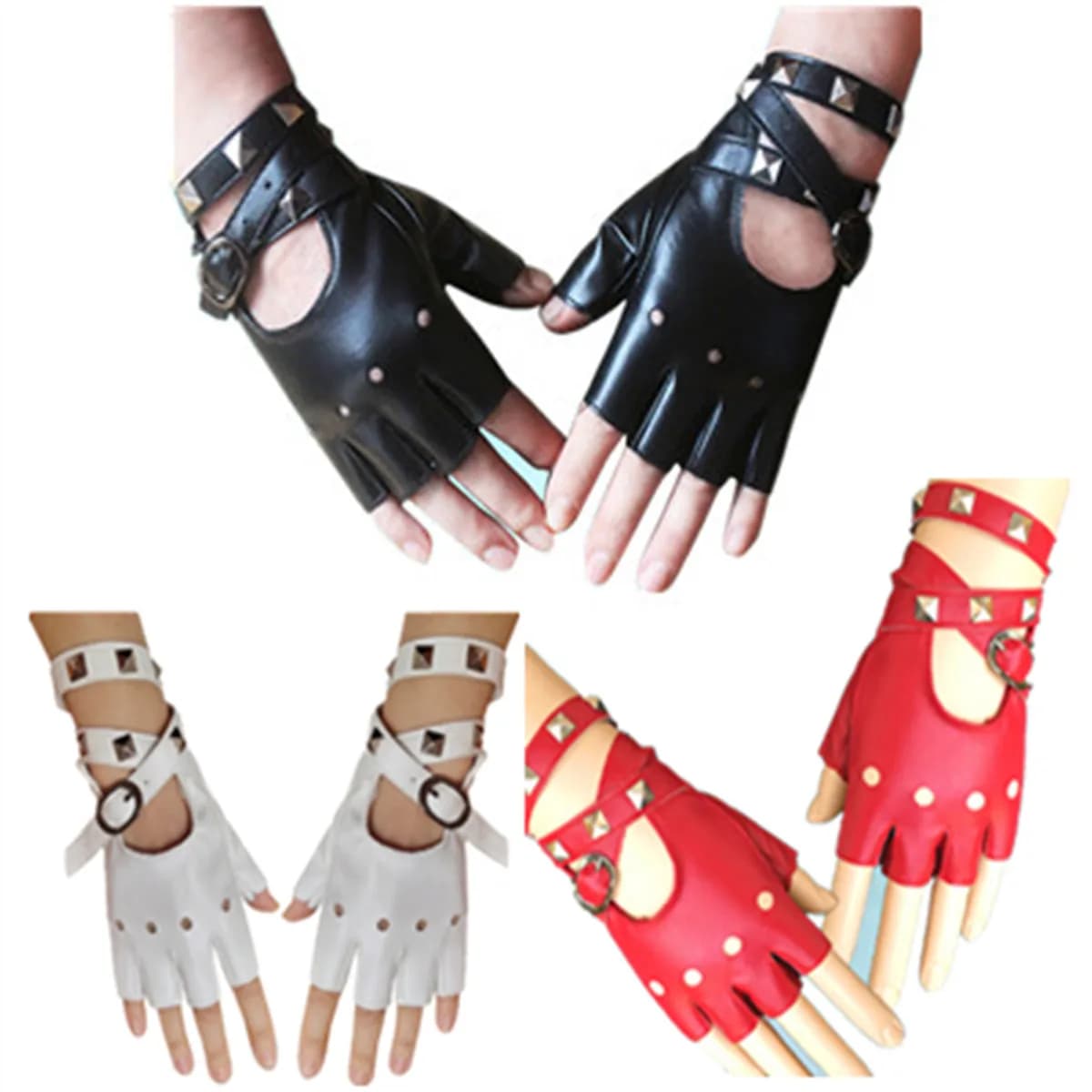 Women Fingerless PU Leather Rivet Gloves Wrist Wrap Hollow‑out Punk Goth Gloves for Stage Performance Cosplay Party