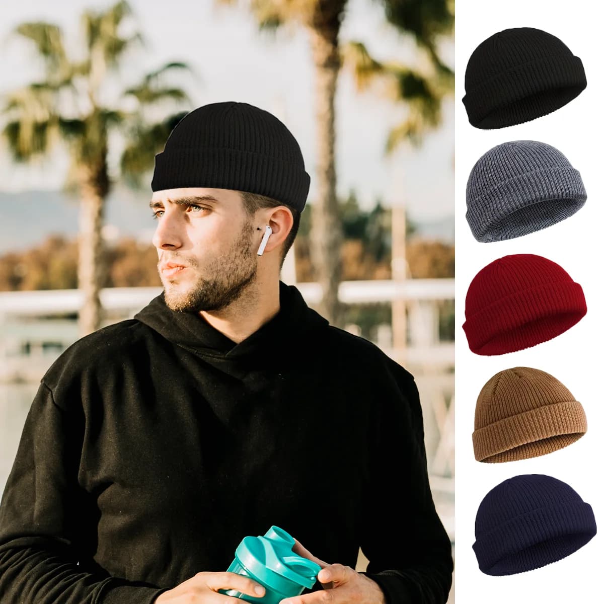 Cappello lavorato a maglia invernale Caldo sport all'aria aperta Protezione dal freddo Berretto da corsa Berretto con risvolto arrotolabile con teschio termico elastico
